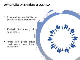 • Cuidado fica a cargo de
seus filhos.
AVALIAÇÃO DA FAMÍLIA ESCOLHIDA
• A autonomia da família foi
positiva às novas intervenções.
• Família com pouca atitude
relacionada às necessidades
do paciente .
 