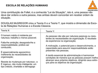 ESCOLA DE RELAÇÕES HUMANAS Uma contribuição de Follet, é a conhecida “Lei da Situação”, isto é, uma pessoa não deve dar ordens a outra pessoa, mas ambas devem concordar em receber ordem da situação. DOUGLAS McGREGOR criou a Teoria X e a Teoria Y, que mostra a dimensão da Esco- la de Relações Humanas e a Escola Classica. Teoria X: O homem médio é indolente por  natureza; trabalha o menos possivel; Falta-lhe ambição; desagrada-lhe a responsabilidade; prefere ser conduzido; É essencialmente egocentrico; indiferente às necessidades da organização; Resiste às mudanças por natureza ; e É ingenuo, não muito inteligente; um tipo crédulo, charlatão e demagogo Teoria Y: As pessoas não são por natureza passivas ou resis- tentes às necessidades da organização. É resultado  da experiencia na organização; A motivação, o potencial para o desenvolvimento, a  capacidade para assumir responsabilidade estão  presentes nas pessoas; A tarefa essencial da adiministração é harmonizar  condições de maneira que as pessoas possam melhor  alcançar seus próprios objetivos, dirigindo seus esfor- ços para os objetivos da organização.  