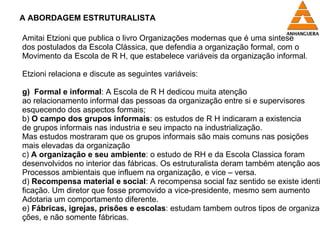 A ABORDAGEM ESTRUTURALISTA Amitai Etzioni que publica o livro Organizações modernas que é uma sintese dos postulados da Escola Clássica, que defendia a organização formal, com o  Movimento da Escola de R H, que estabelece variáveis da organização informal. Etzioni relaciona e discute as seguintes variáveis: Formal e informal : A Escola de R H dedicou muita atenção  ao relacionamento informal das pessoas da organização entre si e supervisores esquecendo dos aspectos formais; b)  O campo dos grupos informais : os estudos de R H indicaram a existencia  de grupos informais nas industria e seu impacto na industrialização.  Mas estudos mostraram que os grupos informais são mais comuns nas posições mais elevadas da organização c)  A organização e seu ambiente : o estudo de RH e da Escola Classica foram desenvolvidos no interior das fábricas. Os estruturalista deram também atenção aos  Processos ambientais que influem na organização, e vice – versa. d)  Recompensa material e social : A recompensa social faz sentido se existe identi- ficação. Um diretor que fosse promovido a vice-presidente, mesmo sem aumento  Adotaria um comportamento diferente. e)  Fábricas, igrejas, prisões e escolas : estudam tambem outros tipos de organiza- ções, e não somente fábricas. 