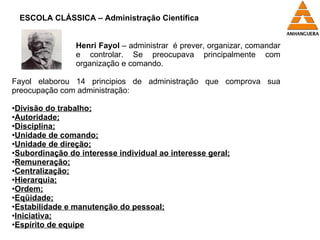 Henri Fayol  – administrar  é prever, organizar, comandar e controlar. Se preocupava principalmente com organização e comando. Fayol elaborou 14 principios de administração que comprova sua preocupação com administração: Divisão do trabalho; Autoridade; Disciplina; Unidade de comando; Unidade de direção; Subordinação do interesse individual ao interesse geral; Remuneração; Centralização; Hierarquia; Ordem; Eqüidade; Estabilidade e manutenção do pessoal; Iniciativa; Espírito de equipe ESCOLA CLÁSSICA – Administração Científica 
