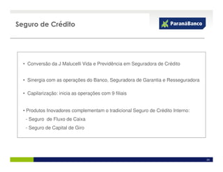 Seguro de Crédito




  • Conversão da J Malucelli Vida e Previdência em Seguradora de Crédito


  • Sinergia com as operações do Banco, Seguradora de Garantia e Resseguradora

  • Capilarização: inicia as operações com 9 filiais


  • Produtos Inovadores complementam o tradicional Seguro de Crédito Interno:
   - Seguro de Fluxo de Caixa
   - Seguro de Capital de Giro




                                                                                 24
 