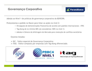 Governança Corporativa


Adesão ao Nível 1 de práticas de governança corporativa da BOVESPA.

Protocolamos o pedido no Bacen para listar as ações no nível 2:
         • Divulgação de demonstrações financeiras de acordo com padrões internacionais - IFRS
         • Tag Along de no mínimo 80% (já concedemos 100% no nível 1)
         • Adesão à Câmara de Arbitragem do Mercado para resolução de conflitos societários

    Estamos listados:

       IGC – Índice especial de Governança Corporativa
       ITAG – Índice composto por empresas com Tag Along diferenciado.




                                                                                                 25
 