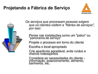 Projetando a Fábrica de Serviço Os serviços que processam pessoas exigem que os clientes visitem a "fábrica de serviços", por isso: Pense nas instalações como um "palco" ou "panorama de serviço” Projete o processo em torno do cliente Escolha o local apropriado Crie aparência agradável, evite ruídos e cheiros indesejáveis  Considere as necessidades do cliente - informação, estacionamento, alimento, banheiros, etc.  