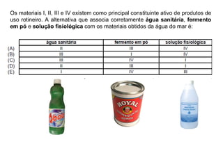 Os materiais I, II, III e IV existem como principal constituinte ativo de produtos de uso rotineiro. A alternativa que associa corretamente  água sanitária ,  fermento em pó  e  solução fisiológica  com os materiais obtidos da água do mar é: 