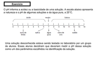 O pH informa a acidez ou a basicidade de uma solução. A escala abaixo apresenta a natureza e o pH de algumas soluções e da água pura, a 25°C. Uma solução desconhecida estava sendo testada no laboratório por um grupo de alunos. Esses alunos decidiram que deveriam medir o pH dessa solução como um dos parâmetros escolhidos na identificação da solução. Exercício 