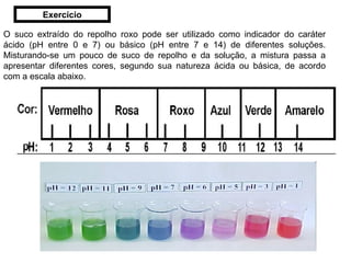 O suco extraído do repolho roxo pode ser utilizado como indicador do caráter ácido (pH entre 0 e 7) ou básico (pH entre 7 e 14) de diferentes soluções. Misturando-se um pouco de suco de repolho e da solução, a mistura passa a apresentar diferentes cores, segundo sua natureza ácida ou básica, de acordo com a escala abaixo. Exercício 