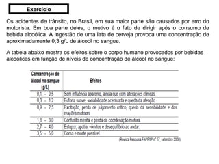 Os acidentes de trânsito, no Brasil, em sua maior parte são causados por erro do motorista. Em boa parte deles, o motivo é o fato de dirigir após o consumo de bebida alcoólica. A ingestão de uma lata de cerveja provoca uma concentração de aproximadamente 0,3 g/L de álcool no sangue. A tabela abaixo mostra os efeitos sobre o corpo humano provocados por bebidas alcoólicas em função de níveis de concentração de álcool no sangue: Exercício 