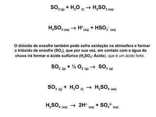SO 2 (g)  + H 2 O  (l)     H 2 SO 3 (aq) H 2 SO 3 (aq)     H + (aq)  + HSO 3 -   (aq) O dióxido de enxofre também pode sofre oxidação na atmosfera e formar o trióxido de enxofre (SO 3 ), que por sua vez, em contato com a água da chuva irá formar o ácido sulfúrico (H 2 SO 4 - Ácido ), que é um ácido forte.  SO 2   (g)  + ½ O 2   (g)      SO 3   (g) SO 3   (g)  +  H 2 O  (l)       H 2 SO 4   (aq) H 2 SO 4   (aq)       2H +   (aq)  + SO 4 2-  (aq) 