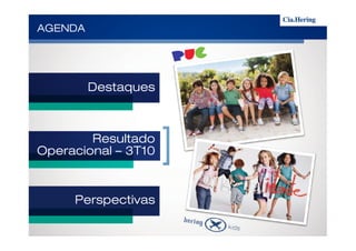 AGENDAAGENDAAGENDAAGENDA
DestaquesDestaquesDestaquesDestaques
ResultadoResultadoResultadoResultado
OperacionalOperacionalOperacionalOperacional –––– 3T103T103T103T10
PerspectivasPerspectivasPerspectivasPerspectivas
 