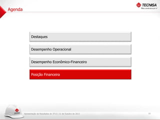 Agenda

Destaques
Desempenho Operacional

Desempenho Econômico-Financeiro
Posição Financeira

Apresentação de Resultados do 3T13 | 31 de Outubro de 2013

19

 