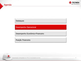 Agenda

Destaques
Desempenho Operacional
Desempenho Econômico-Financeiro
Posição Financeira

Apresentação de Resultados do 3T13 | 31 de Outubro de 2013

6

 