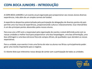 COPA BOCA JUNIORS - INTRODUÇÃO
A COPA BOCA JUNIORS é um evento anual organizado para proporcionar aos nossos alunos diversas
experiências, indo além de um simples torneio de futebol.
A experiência desportiva potencializada pela participação de delegações de diversos pontos do país
permite uma rica troca de experiências, proporcionando cultura e relacionamento. Esse intercâmbio
é um dos principais pontos absorvidos pelos nossos alunos.
Para esse ano a DFS será a responsável pela organização do evento e estará definindo junto com as
nossas unidades o melhor local para proporcionar uma boa hospedagem, uma boa alimentação, uma
boa arbitragem e uma boa estrutura física de campos oficiais, de qualidade e que atendam as nossas
expectativas.
Para a unidade, esse evento é mais uma forma de reter os alunos nas férias e principalmente poder
gerar uma receita importante para o negócio.
E é diante disto que reiteramos nosso desejo de contar com a participação de todas as unidades.
 