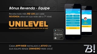 Bônus Revenda - Equipe
Receba todo mês R$ 1,00 por cada
REVENDA ativa em sua rede até o 7º nível.
CADA APP/WEB INSTALADO E ATIVO EM
SUA EQUIPE RENDE DINHEIRO PARA VOCÊ.
 