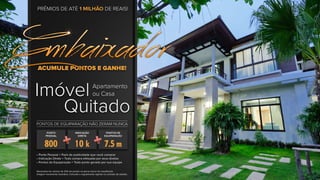 ACUMULE PONTOS E GANHE!
PONTOS DE EQUIPARAÇÃO NÃO ZERAM NUNCA
PONTO
PESSOAL
INDICAÇÃO
DIRETA
PONTOS DE
EQUIPARAÇÃO
7.5 m10 k800
• Ponto Pessoal = Pack de publicidade que você comprar
• Indicação Direta = Toda compra efetuada por seus diretos
• Pontos de Equiparação = Todo ponto gerado por sua equipe
Necessário ter mínimo de 20% de pontos na perna menor do classificado.
Imagem meramente ilustrativa. Consulte o regulamento vigente no contrato de adesão.
ImóvelApartamento
ou Casa
Quitado
PRÊMIOS DE ATÉ 1 MILHÃO DE REAIS!
 