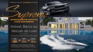 ACUMULE PONTOS E ESCOLHA
O QUE VOCÊ MERECE!
PONTOS DE EQUIPARAÇÃO NÃO ZERAM NUNCA
PONTO
PESSOAL
INDICAÇÃO
DIRETA
PONTOS DE
EQUIPARAÇÃO
12 m12 k800
• Ponto Pessoal = Pack de publicidade que você comprar
• Indicação Direta = Toda compra efetuada por seus diretos
• Pontos de Equiparação = Todo ponto gerado por sua equipe
Necessário ter mínimo de 20% de pontos na perna menor do classificado.
Imagem meramente ilustrativa. Consulte o regulamento vigente no contrato de adesão.
Prêmios Quitados
Imóvel, Barco ou
Veículo de Luxo
PRÊMIOS DE ATÉ 1,5 MILHÃO DE REAIS!
 