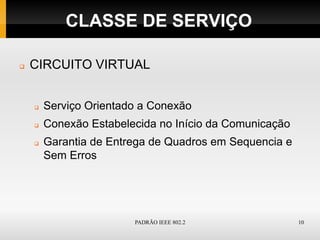 CLASSE DE SERVIÇO

   CIRCUITO VIRTUAL


       Serviço Orientado a Conexão
       Conexão Estabelecida no Início da Comunicação
       Garantia de Entrega de Quadros em Sequencia e
        Sem Erros




                        PADRÃO IEEE 802.2               10
 
