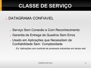 CLASSE DE SERVIÇO

   DATAGRAMA CONFIAVEL


       Serviço Sem Conexão e Com Reconhecimento
       Garantia de Entrega de Quadros Sem Erros
       Usado em Aplicações que Necessitam de
        Confiabilidade Sem Complexidade
            Ex: Aplicações com controle de processos industriais em tempo real




                                  PADRÃO IEEE 802.2                           11
 