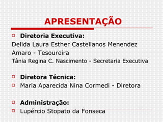 APRESENTAÇÃO Diretoria Executiva:  Delida Laura Esther Castellanos Menendez Amaro - Tesoureira  Tânia Regina C. Nascimento - Secretaria Executiva Diretora Técnica: Maria Aparecida Nina Cormedi - Diretora  Administração:  Lupércio Stopato da Fonseca  