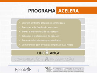 PROGRAMA ACELERA 
VENDAS E A TENDIMENTO 
• Criar um ambiente propício ao aprendizado 
• Aprender a dar NEGO feedbacks C assertivos 
IAÇÃO 
• Extrair o melhor de cada AMBIENT E colaborador 
ORGANIZADO 
• Estimular o protagonismo de cada um 
• Ter uma visão orientada para resultados 
• Compromisso com a visão da empresa e suas metas 
TRABA L HO EM EQUIPE 
GERENCIAM E NTO DE CONFLITOS 
LIDE R ANÇA 
COMUNICAÇÃO E A PRESENTAÇÃO 
 