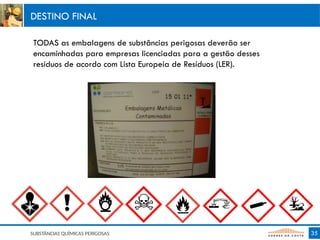 TODAS as embalagens de substâncias perigosas deverão ser
encaminhadas para empresas licenciadas para a gestão desses
resíduos de acordo com Lista Europeia de Resíduos (LER).
35
SUBSTÂNCIAS QUÍMICAS PERIGOSAS
DESTINO FINAL
 