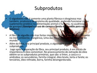 Subprodutos
• O algodoeiro não é somente uma planta fibrosa e oleaginosa mas
também, produtora de proteína de qualidade, podendo funcionar como
suplemento protéico na alimentação animal e humana, na ausência
de gossipol.(Gossipol e o uso de caroço e farelo de algodão para vacas
leiteiras)
• A fibra do algodão não traz fortes impactos se descartada indevidamente
no meio ambiente, é orgânico, Uma das fibras naturais mais usadas do
mundo.
• Além da fibra, seu principal produto, o algodoeiro produz diversos
subprodutos.
• Logo após a separação da fibra, seu principal produto, é em escala de
importância o óleo comestível. No processamento de extração do óleo
obtêm-se os subprodutos primários, que são: o línter, a casca e a
amêndoa; os secundários, farinha integral, óleo bruto, torta e farelo; os
terciários, óleo refinado, borra, farinha desengordurada.
 