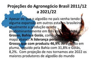 Projeções do Agronegócio Brasil 2011/12
a 2021/22
• Apesar de que o algodão no país venha tendo
alguma expansão em outros estados brasileiros,
atualmente a produção ocorre
predominantemente em três estados, Mato
Grosso, Bahia e Goiás, como pode ser visto no
mapa abaixo. A liderança pertence ao Mato
Grosso que com produziu 46,9% do algodão em
pluma, seguido pela Bahia com 31,8% e Goiás,
8,2%. Com projeção de nos tornamos ate 2022 os
maiores produtores de algodão do mundo
 