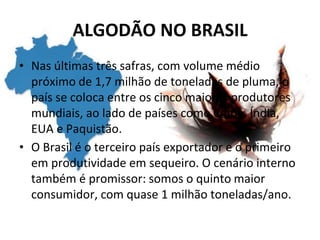 ALGODÃO NO BRASIL
• Nas últimas três safras, com volume médio
próximo de 1,7 milhão de toneladas de pluma, o
país se coloca entre os cinco maiores produtores
mundiais, ao lado de países como China, Índia,
EUA e Paquistão.
• O Brasil é o terceiro país exportador e o primeiro
em produtividade em sequeiro. O cenário interno
também é promissor: somos o quinto maior
consumidor, com quase 1 milhão toneladas/ano.
 
