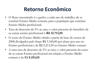 Retorno	
  Econômico	
  
•  O fluxo encontrado é o ganho, a cada ano de trabalho, de se
concluir Ensino Médio comum, para a população que concluiu
Ensino Médio profissional.
•  Taxa de desconto de 5% ao ano, o valor presente do benefício de
se cursar ensino profissional é R$ 32.713,09.
•  O custo do Ensino Médio obtido a partir da base do custos de
2008 divulgados pelo Inep: R$ 5.100,00 por aluno por ano no
Ensino profissional e de R$ 2.213,50 no Ensino Médio comum
•  A uma taxa de desconto de 5% ao ano, o valor presente do custo
de se cursar Ensino profissional em relação a Ensino Médio
comum é de R$ 8.253,69.
 