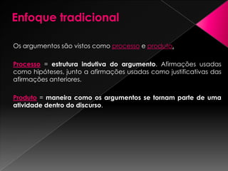 Enfoque tradicionalOs argumentos são vistos como processo e produto. Processo = estrutura indutiva do argumento. Afirmações usadas como hipóteses, junto a afirmações usadas como justificativas das afirmações anteriores.Produto= maneira como os argumentos se tornam parte de uma atividade dentro do discurso.