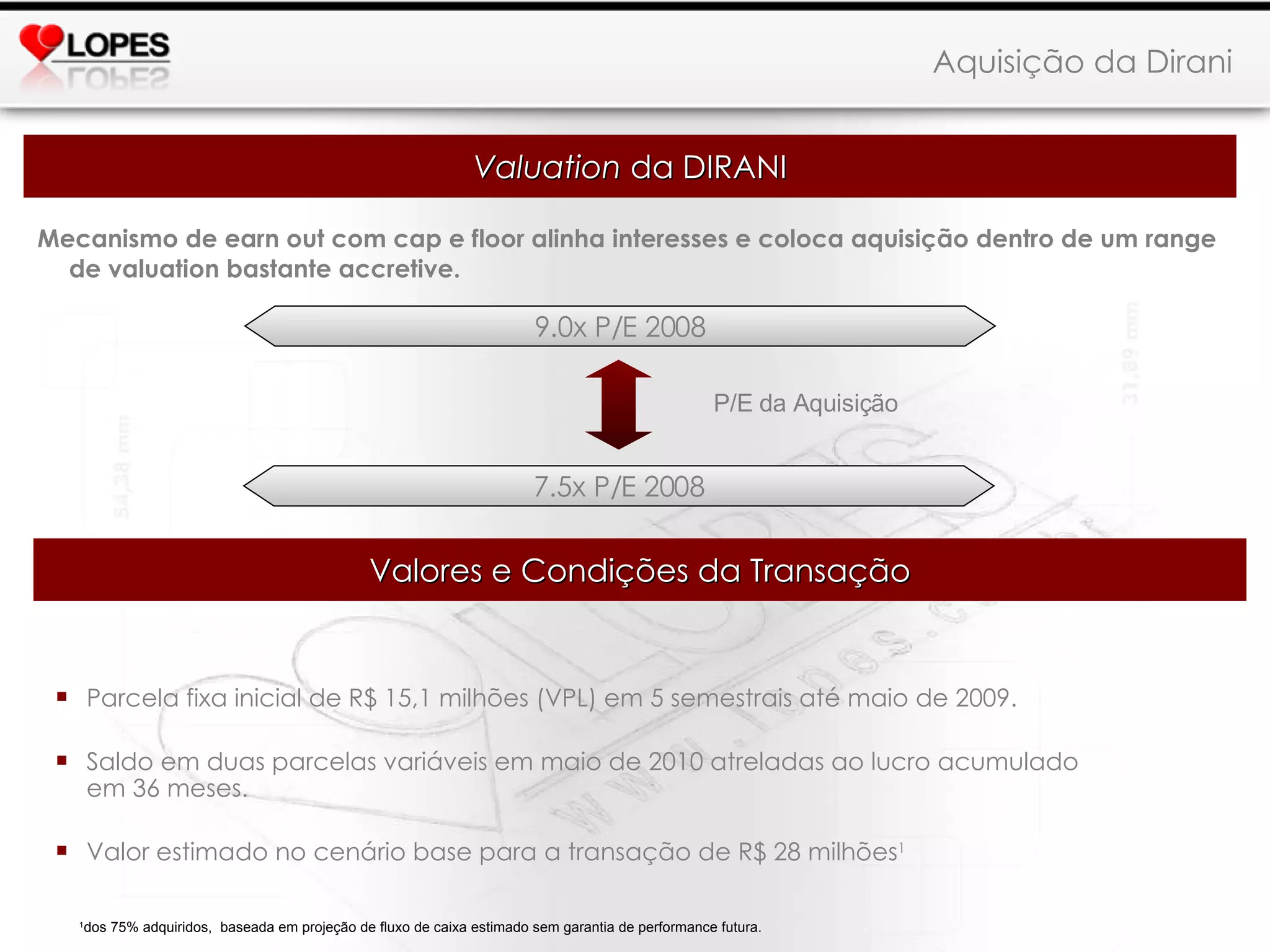 Mecanismo de earn out com cap e floor alinha interesses e coloca aquisição dentro de um range de valuation bastante accretive. Aquisição da Dirani 9.0x P/E 2008 7.5x P/E 2008 P/E da Aquisição Parcela fixa inicial de R$ 15,1 milhões (VPL) em 5 semestrais até maio de 2009. Saldo em duas parcelas variáveis em maio de 2010 atreladas ao lucro acumulado em 36 meses. Valor estimado no cenário base para a transação de R$ 28 milhões 1 1 dos 75% adquiridos,  baseada em projeção de fluxo de caixa estimado sem garantia de performance futura.  Valores e Condições da Transação Valuation  da DIRANI 