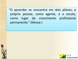 “O aprender se concentra em dois pilares: a
 própria pessoa, como agente, e a escola,
 como lugar de crescimento profissional
 permanente.” (Nóvoa )
 