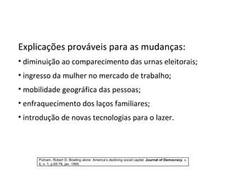 Explicações prováveis para as mudanças: diminuição ao comparecimento das urnas eleitorais; ingresso da mulher no mercado de trabalho; mobilidade geográfica das pessoas; enfraquecimento dos laços familiares; introdução de novas tecnologias para o lazer. Putnam, Robert D. Bowling alone: America’s declining social capital.  Journal of Democracy . v. 6, n. 1, p.65-78, jan. 1995. 