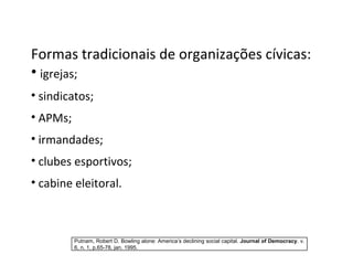 Formas tradicionais de organizações cívicas: igrejas; sindicatos; APMs; irmandades; clubes esportivos; cabine eleitoral. Putnam, Robert D. Bowling alone: America’s declining social capital.  Journal of Democracy . v. 6, n. 1, p.65-78, jan. 1995. 