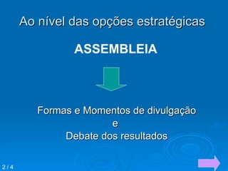Ao nível das opções estratégicas  Formas e Momentos de divulgação  e  Debate dos resultados ASSEMBLEIA 2 / 4 