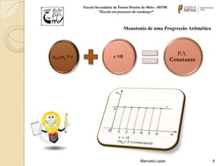 Escola Secundária de Fontes Pereira de Melo - 401780
        "Escola em processo de mudança“



                        Monotonia de uma Progressão Aritmética




                                   Manuela Lopes                 6
 