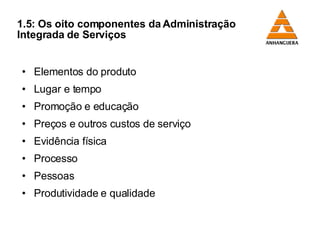 1.5: Os oito componentes da Administração  Integrada de Serviços Elementos do produto  Lugar e tempo Promoção e educação  Preços e outros custos de serviço  Evidência física Processo Pessoas Produtividade e qualidade 