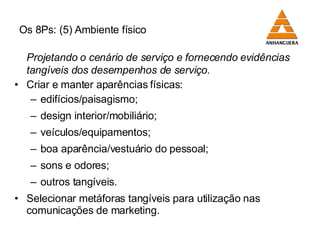 Os 8Ps: (5) Ambiente físico Projetando o cenário de serviço e fornecendo evidências tangíveis dos desempenhos de serviço. Criar e manter aparências físicas: edifícios/paisagismo; design interior/mobiliário; veículos/equipamentos; boa aparência/vestuário do pessoal; sons e odores; outros tangíveis. Selecionar metáforas tangíveis para utilização nas comunicações de marketing. 