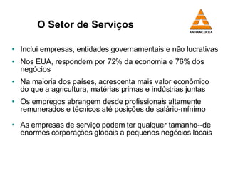 O Setor de Serviços Inclui empresas, entidades governamentais e não lucrativas Nos EUA, respondem por 72% da economia e 76% dos negócios  Na maioria dos países, acrescenta mais valor econômico do que a agricultura, matérias primas e indústrias juntas  Os empregos abrangem desde profissionais altamente remunerados e técnicos até posições de salário-mínimo As empresas de serviço podem ter qualquer tamanho--de enormes corporações globais a pequenos negócios locais 