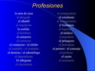 Profesiones la ama de casa el abogado  el albañil el arquitecto la azafata   el bombero el camarero el carnicero el conductor / el chófer el contable / el contador el dentista / el odontólogo el dependiente El dibujante el electricista el escaparatista el estudiante el farmacéutico el fontanero el ingeniero   el médico el panadero el peluquero el periodista el portero / el conserje e l profesor   el sastre el secretario 