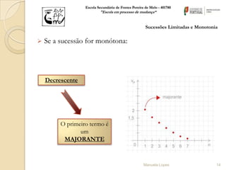 Escola Secundária de Fontes Pereira de Melo - 401780
                          "Escola em processo de mudança“


                                                      Sucessões Limitadas e Monotonia

   Se a sucessão for monótona:




    Decrescente




         O primeiro termo é
                um
          MAJORANTE


                                                     Manuela Lopes                  14
 