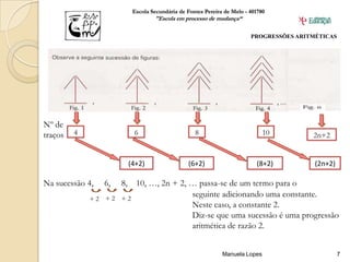 Escola Secundária de Fontes Pereira de Melo - 401780
                                    "Escola em processo de mudança“

                                                                          PROGRESSÕES ARITMÉTICAS




Nº de
traços   4                  6                       8                          10         2n+2


                           (4+2)                  (6+2)                     (8+2)          (2n+2)

Na sucessão 4,   6,   8,     10, …, 2n + 2, … passa-se de um termo para o
             +2 +2 +2
                                            seguinte adicionando uma constante.
                                            Neste caso, a constante 2.
                                            Diz-se que uma sucessão é uma progressão
                                            aritmética de razão 2.


                                                               Manuela Lopes                        7
 
