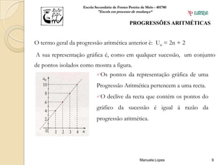 Escola Secundária de Fontes Pereira de Melo - 401780
                            "Escola em processo de mudança“


                                                 PROGRESSÕES ARITMÉTICAS


O termo geral da progressão aritmética anterior è: Un = 2n + 2
A sua representação gráfica é, como em qualquer sucessão, um conjunto
de pontos isolados como mostra a figura.
                            Os     pontos da representação gráfica de uma
                            Progressão Aritmética pertencem a uma recta.
                            O     declive da recta que contém os pontos do
                            gráfico da sucessão é igual á razão da
                            progressão aritmética.




                                                       Manuela Lopes          9
 