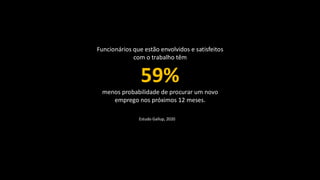 Funcionários que estão envolvidos e satisfeitos
com o trabalho têm
59%
menos probabilidade de procurar um novo
emprego nos próximos 12 meses.
Estudo Gallup, 2020
 