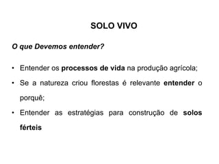 SOLO VIVO
O que Devemos entender?
• Entender os processos de vida na produção agrícola;
• Se a natureza criou florestas é relevante entender o
porquê;
• Entender as estratégias para construção de solos
férteis
 