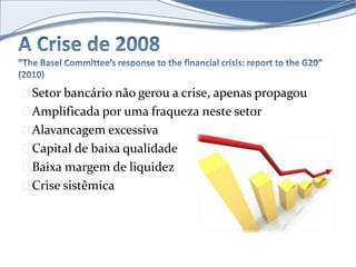 Setor bancário não gerou a crise, apenas propagou 
Amplificada por uma fraqueza neste setor 
Alavancagem excessiva 
Capital de baixa qualidade 
Baixa margem de liquidez 
Crise sistêmica 
 