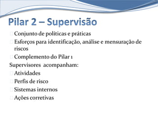 Conjunto de políticas e práticas 
Esforços para identificação, análise e mensuração de 
riscos 
Complemento do Pilar 1 
Supervisores acompanham: 
Atividades 
Perfis de risco 
Sistemas internos 
Ações corretivas 
 