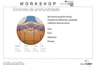 Na mesma ponteira temos
frequências diferentes, podendo
trabalhar diversas áreas:
Face
Colo
Abdomen
Flancos
Controle de profundidade
0,8 MHz
7,2 mm de
profundidade
0,5 MHz
12,0 mm de
profundidade
1 MHz
5,5 mm de
profundidade
Combinação
das três
Frequências.
 