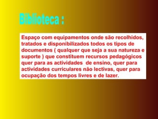 Biblioteca : Espaço com equipamentos onde são recolhidos, tratados e disponibilizados todos os tipos de documentos ( qualquer que seja a sua natureza e suporte ) que constituem recursos pedagógicos quer para as actividades  de ensino, quer para actividades curriculares não lectivas, quer para ocupação dos tempos livres e de lazer. 