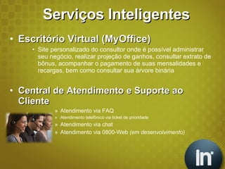 Serviços Inteligentes Escritório Virtual (MyOffice) Site personalizado do consultor onde é possível administrar seu negócio, realizar projeção de ganhos, consultar extrato de bônus, acompanhar o pagamento de suas mensalidades e recargas, bem como consultar sua árvore binária Central de Atendimento e Suporte ao Cliente Atendimento via FAQ  Atendimento telefônico via ticket de prioridade Atendimento via chat Atendimento via 0800-Web  (em desenvolvimento) 
