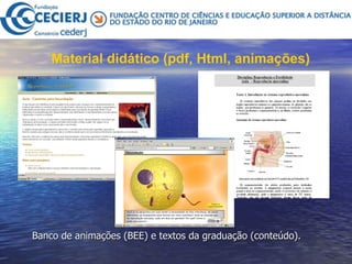 Material didático (pdf, Html, animações)   Banco de animações (BEE) e textos da graduação (conteúdo). 